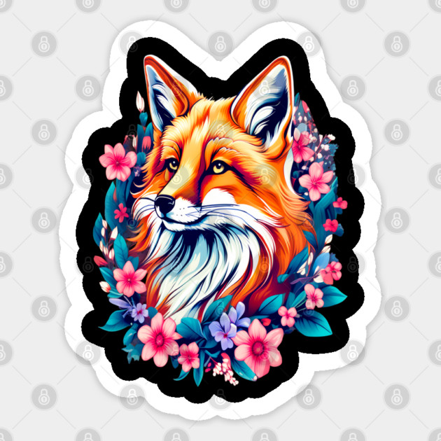 Red Fox with Bold Flowers Sticker by BirdsnStuff