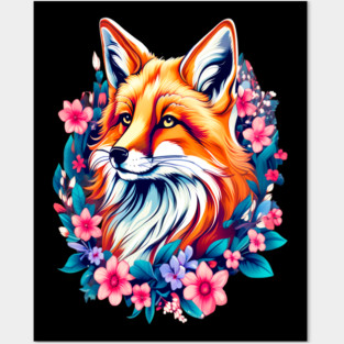 Red Fox with Bold Flowers Posters and Art