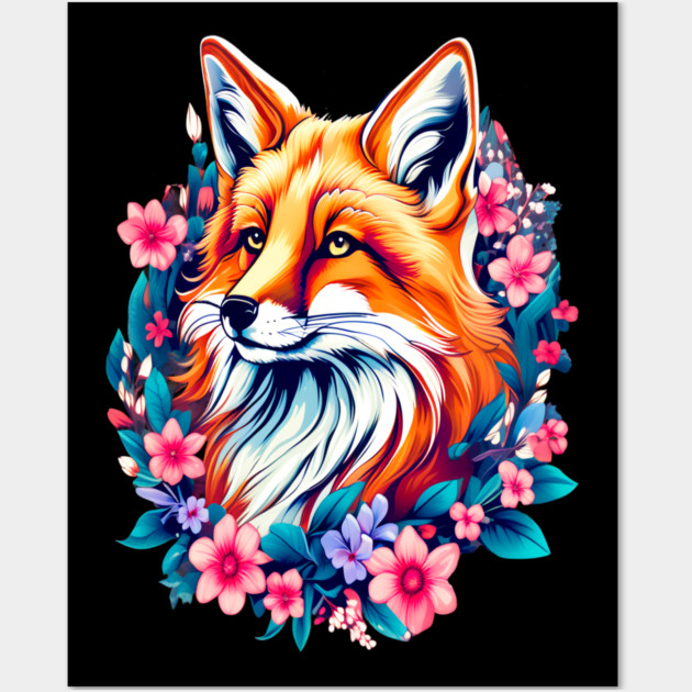 Red Fox with Bold Flowers Wall Art by BirdsnStuff