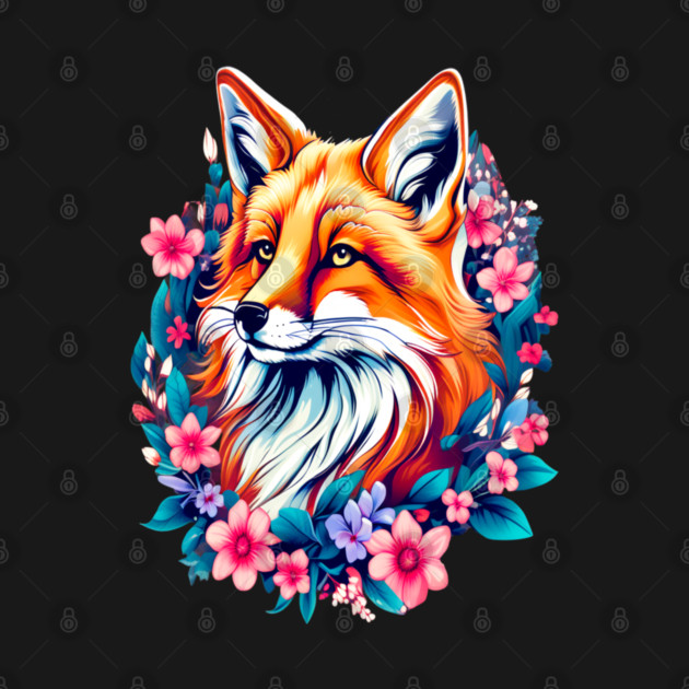 Red Fox with Bold Flowers by BirdsnStuff