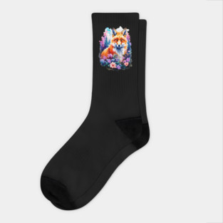 Red Fox with Flowers and Forests Socks