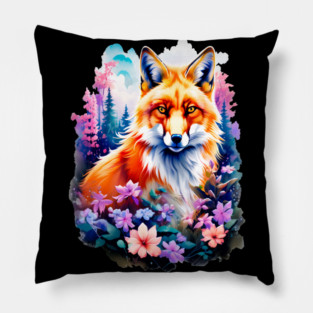Red Fox with Flowers and Forests Pillow