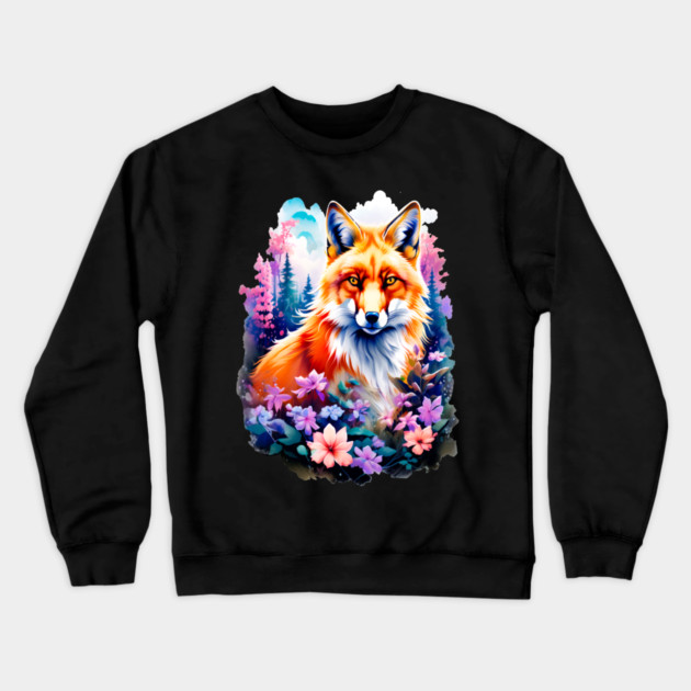 Red Fox with Flowers and Forests Crewneck Sweatshirt by BirdsnStuff