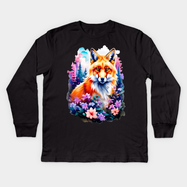 Red Fox with Flowers and Forests Kids Long Sleeve T-Shirt by BirdsnStuff