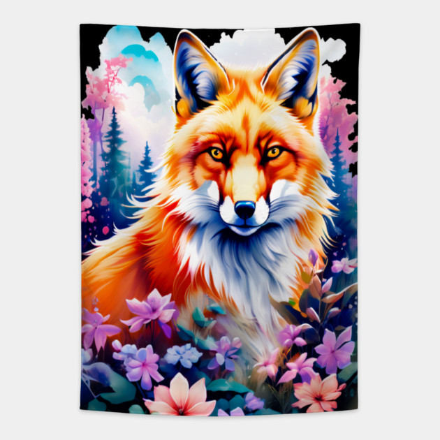 Red Fox with Flowers and Forests Tapestry by BirdsnStuff