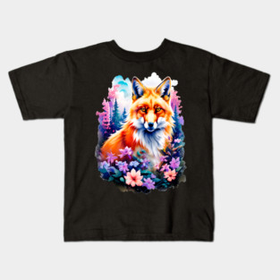 Red Fox with Flowers and Forests Kids T-Shirt