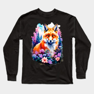 Red Fox with Flowers and Forests Long Sleeve T-Shirt