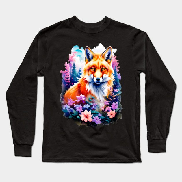Red Fox with Flowers and Forests Long Sleeve T-Shirt by BirdsnStuff