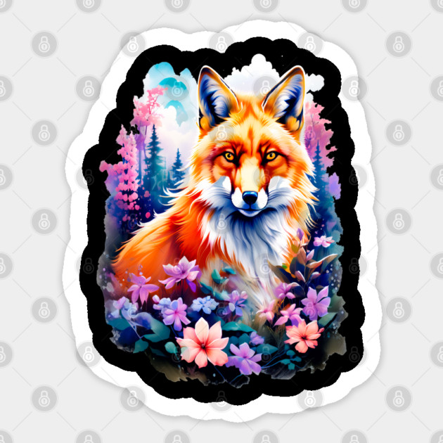 Red Fox with Flowers and Forests Sticker by BirdsnStuff