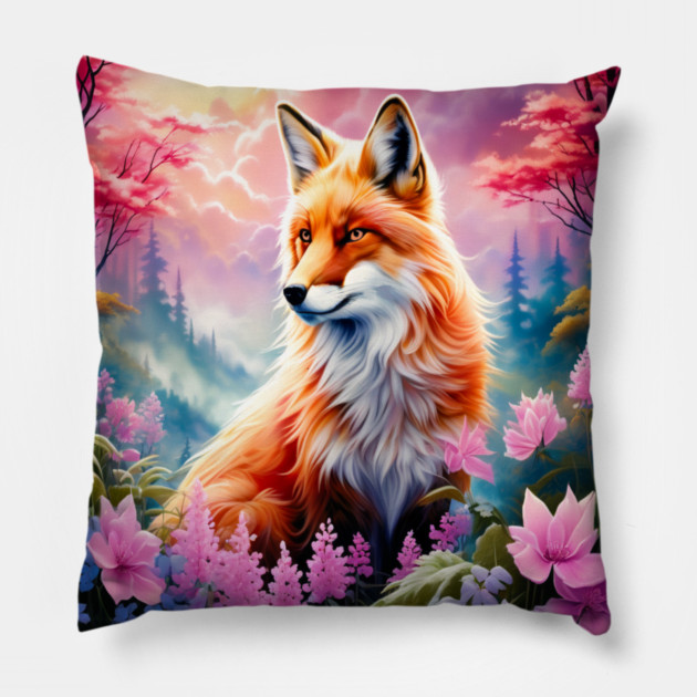 Red Fox with Flowers and Forests Pillow by BirdsnStuff