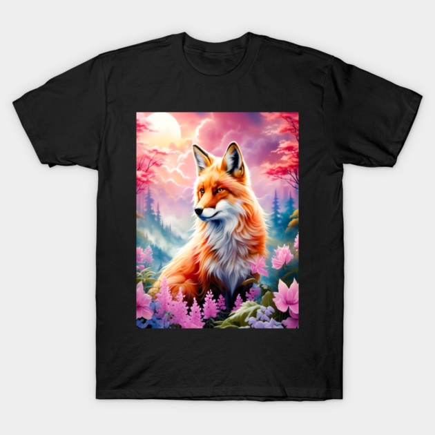 Red Fox with Flowers and Forests T-Shirt by BirdsnStuff