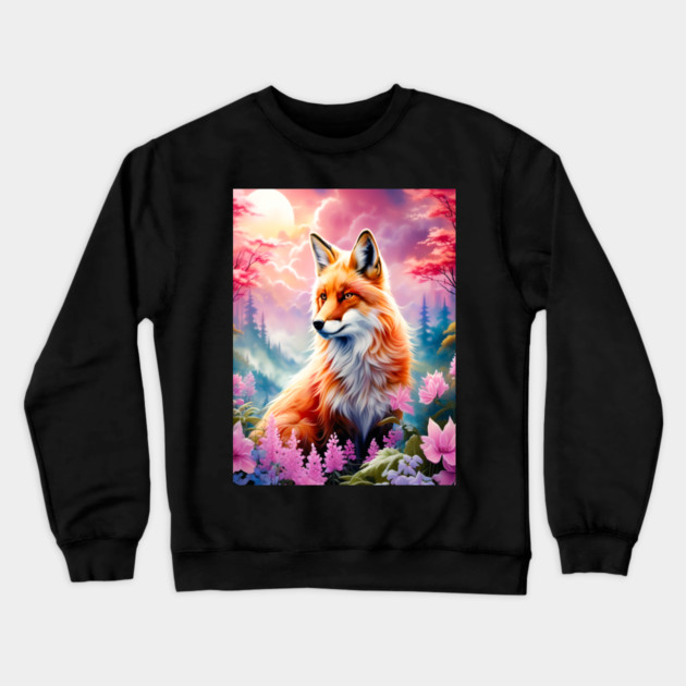 Red Fox with Flowers and Forests Crewneck Sweatshirt by BirdsnStuff