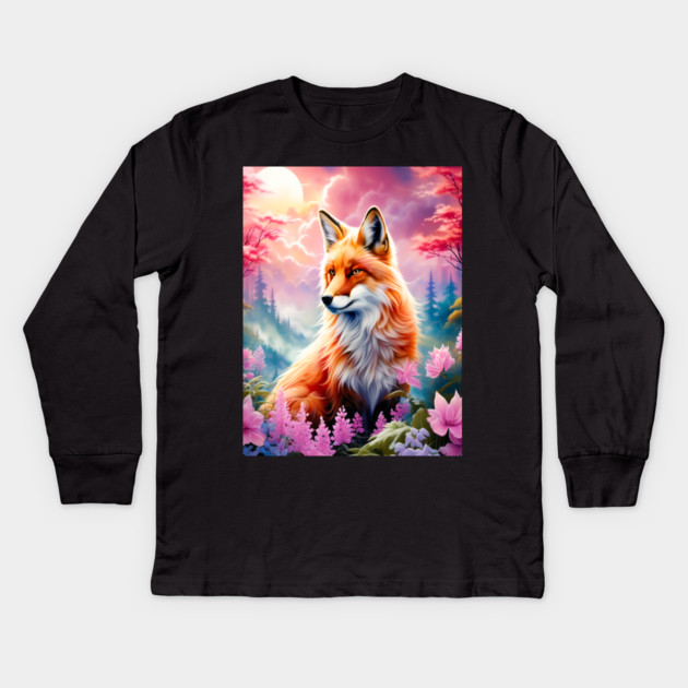 Red Fox with Flowers and Forests Kids Long Sleeve T-Shirt by BirdsnStuff