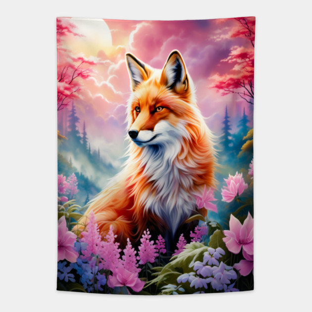 Red Fox with Flowers and Forests Tapestry by BirdsnStuff