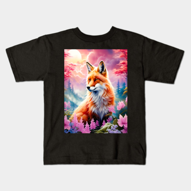 Red Fox with Flowers and Forests Kids T-Shirt by BirdsnStuff