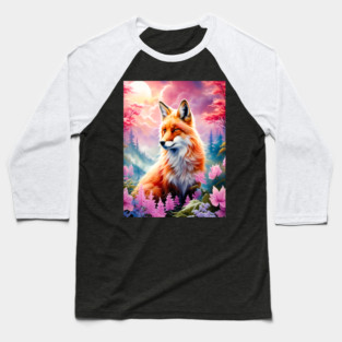 Red Fox with Flowers and Forests Baseball T-Shirt