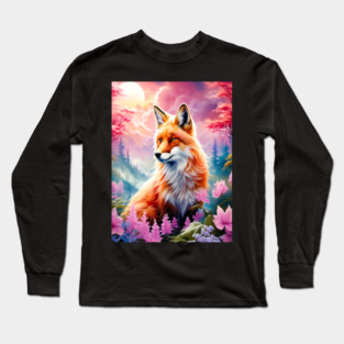 Red Fox with Flowers and Forests Long Sleeve T-Shirt