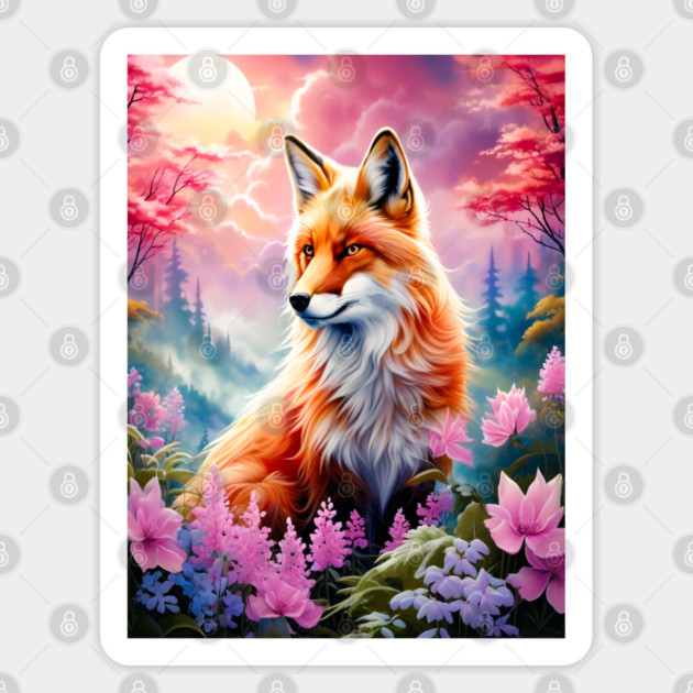 Red Fox with Flowers and Forests Sticker by BirdsnStuff