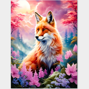 Red Fox with Flowers and Forests Posters and Art