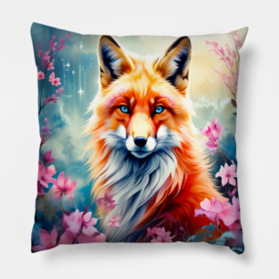 Red Fox with Flowers and Forests Pillow