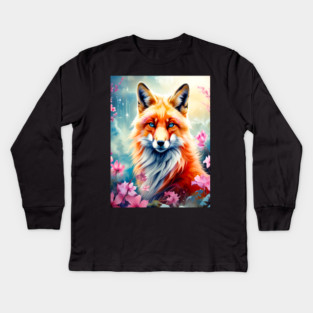 Red Fox with Flowers and Forests Kids Long Sleeve T-Shirt