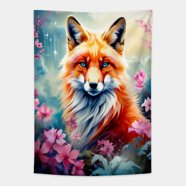 Red Fox with Flowers and Forests Tapestry by BirdsnStuff