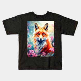 Red Fox with Flowers and Forests Kids T-Shirt