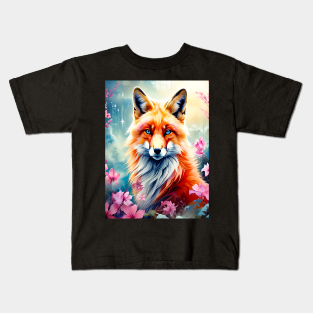 Red Fox with Flowers and Forests Kids T-Shirt by BirdsnStuff