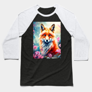 Red Fox with Flowers and Forests Baseball T-Shirt