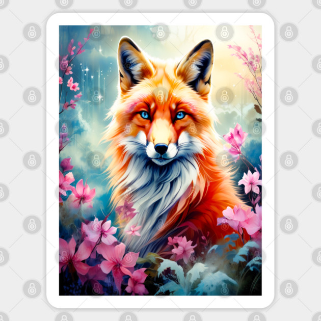 Red Fox with Flowers and Forests Sticker by BirdsnStuff