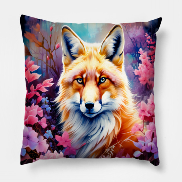 Red Fox with Flowers and Forests Pillow by BirdsnStuff