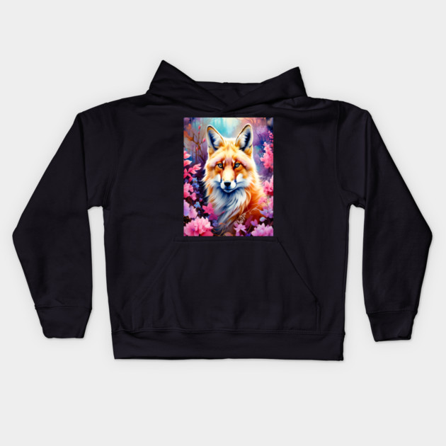 Red Fox with Flowers and Forests Kids Hoodie by BirdsnStuff
