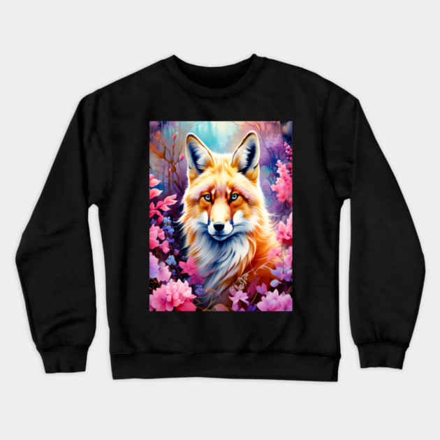 Red Fox with Flowers and Forests Crewneck Sweatshirt by BirdsnStuff