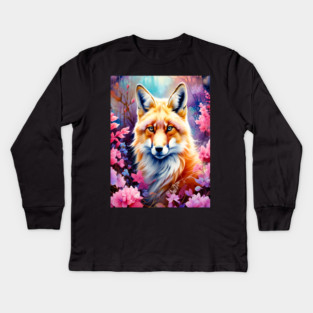 Red Fox with Flowers and Forests Kids Long Sleeve T-Shirt