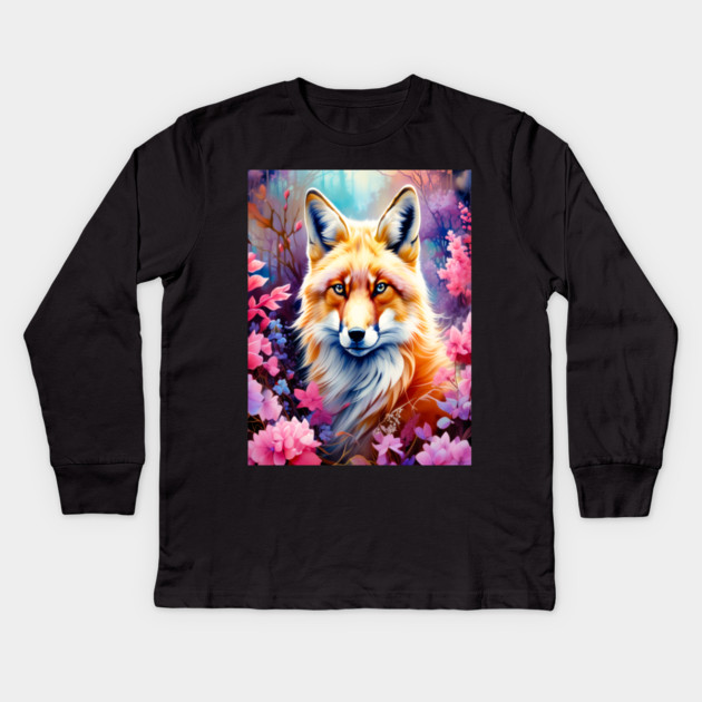 Red Fox with Flowers and Forests Kids Long Sleeve T-Shirt by BirdsnStuff