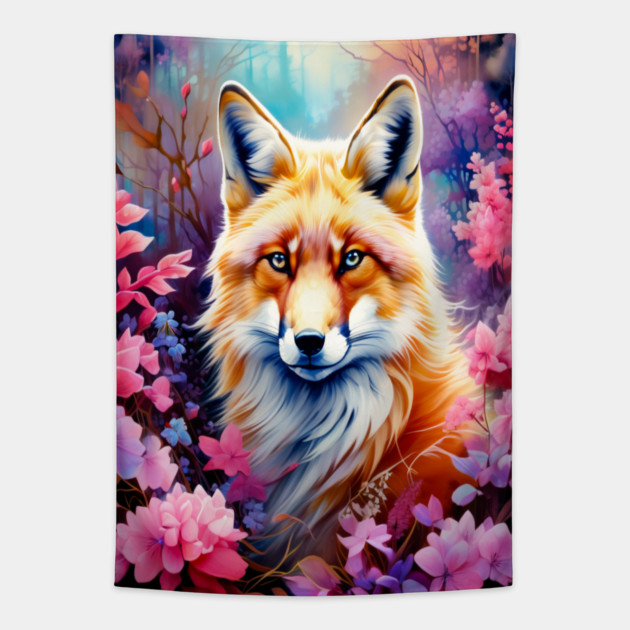 Red Fox with Flowers and Forests Tapestry by BirdsnStuff