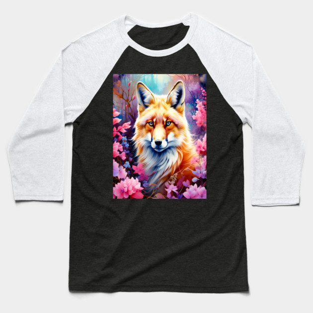 Red Fox with Flowers and Forests Baseball T-Shirt by BirdsnStuff