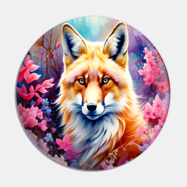 Red Fox with Flowers and Forests Pin by BirdsnStuff