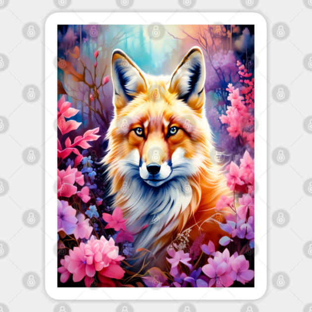 Red Fox with Flowers and Forests Sticker by BirdsnStuff
