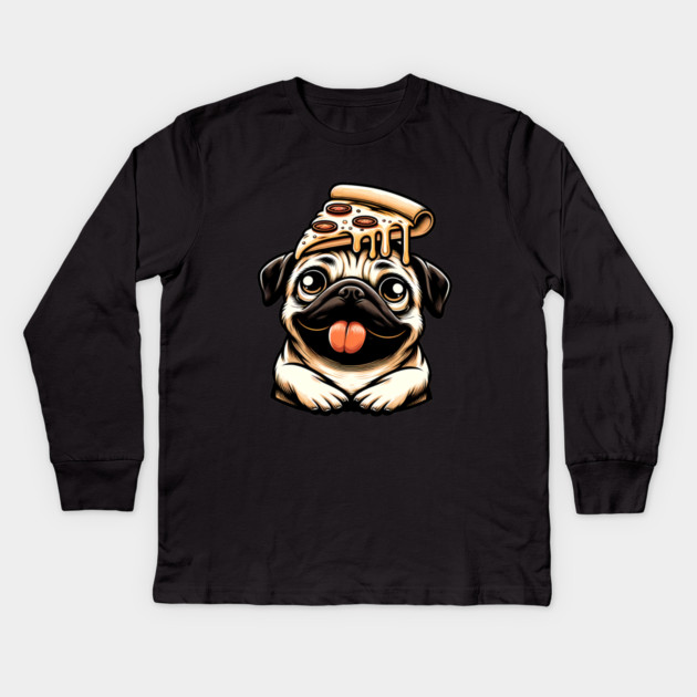 Pug Dog Eating Pizza Kids Long Sleeve T-Shirt by logiamerch