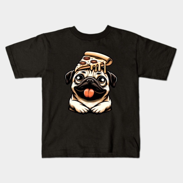 Pug Dog Eating Pizza Kids T-Shirt by logiamerch