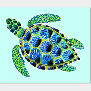 Psychedelic Green Sea Turtle Painting Posters and Art