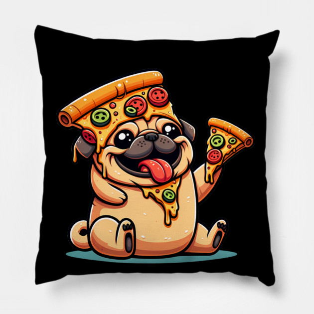 Cute Funny Pug Dog Eating Pizza Pillow by logiamerch