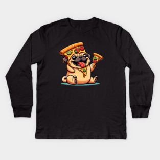 Cute Funny Pug Dog Eating Pizza Kids Long Sleeve T-Shirt