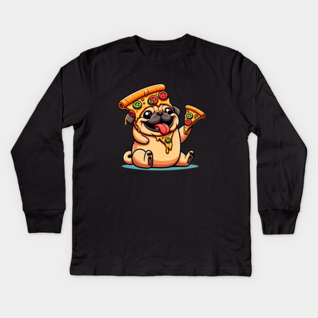Cute Funny Pug Dog Eating Pizza Kids Long Sleeve T-Shirt by logiamerch