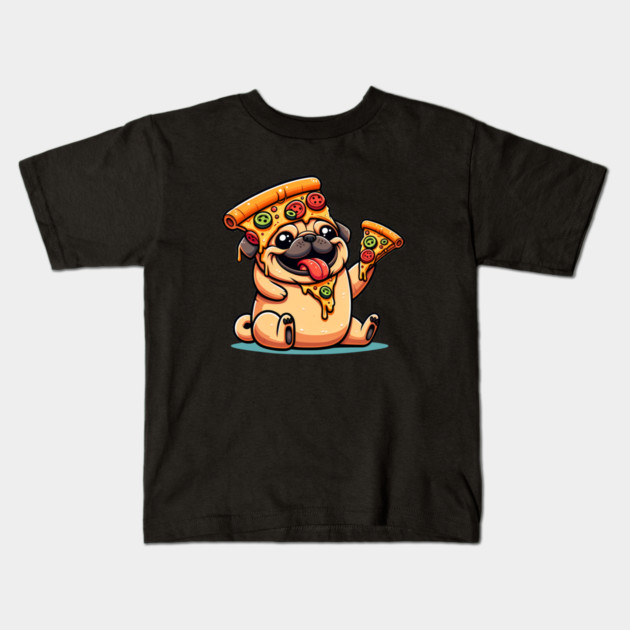 Cute Funny Pug Dog Eating Pizza Kids T-Shirt by logiamerch