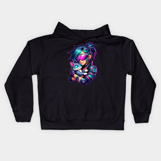 Cyberpunk Girl and Cat Kids Hoodie by HolidayBug