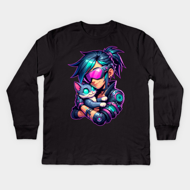 Cyberpunk Girl and Cat Kids Long Sleeve T-Shirt by HolidayBug