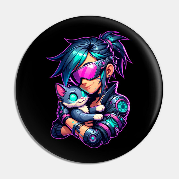 Cyberpunk Girl and Cat Pin by HolidayBug