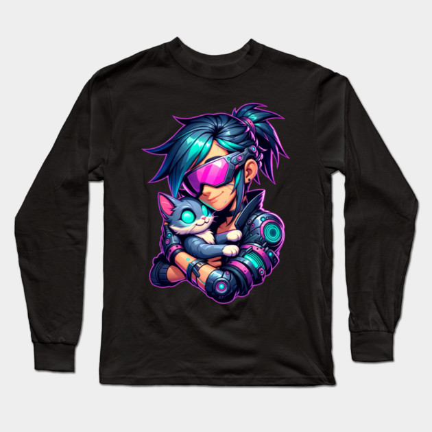 Cyberpunk Girl and Cat Long Sleeve T-Shirt by HolidayBug